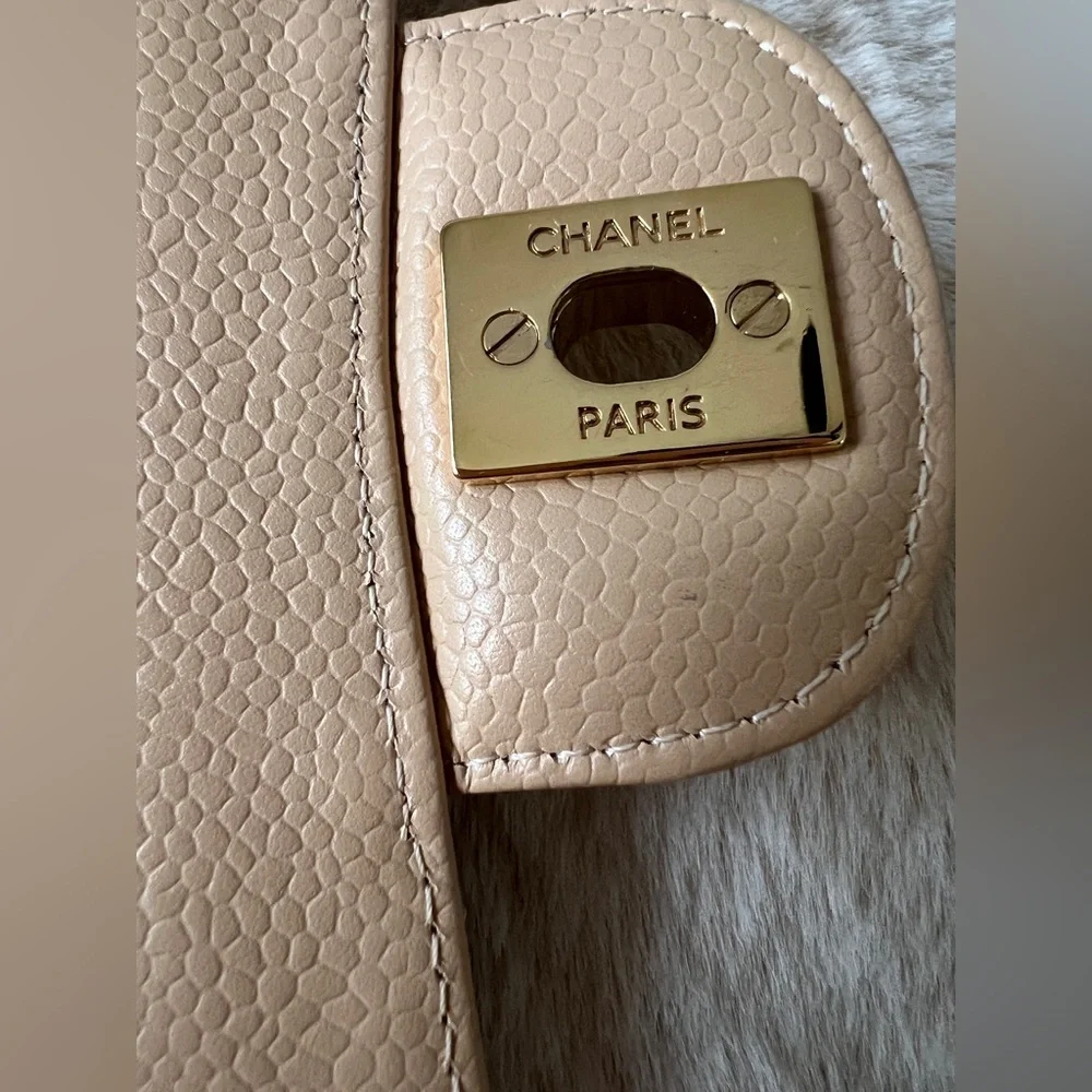 CHANEL Caviar Quilted Medium Double Flap Beige with golden hardware